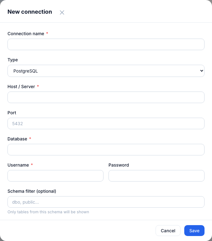 PostgreSQL connection form