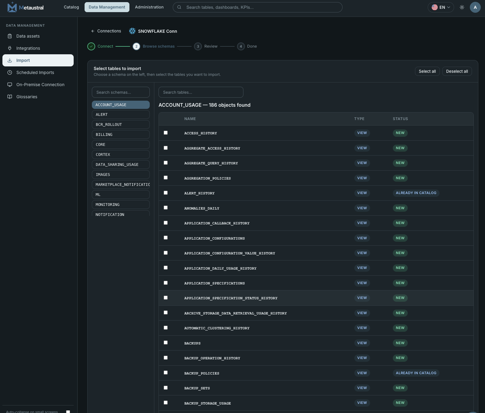 Import from connection — step 2: browse schemas and tables