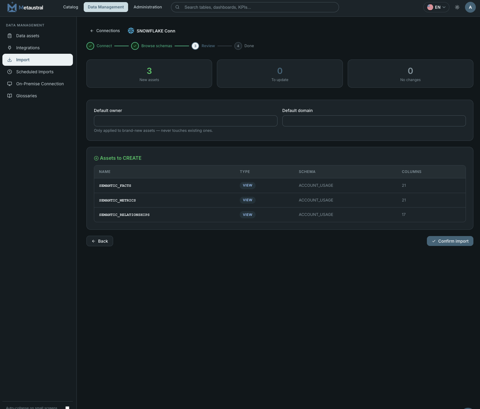 Import from connection — step 3: review and confirm