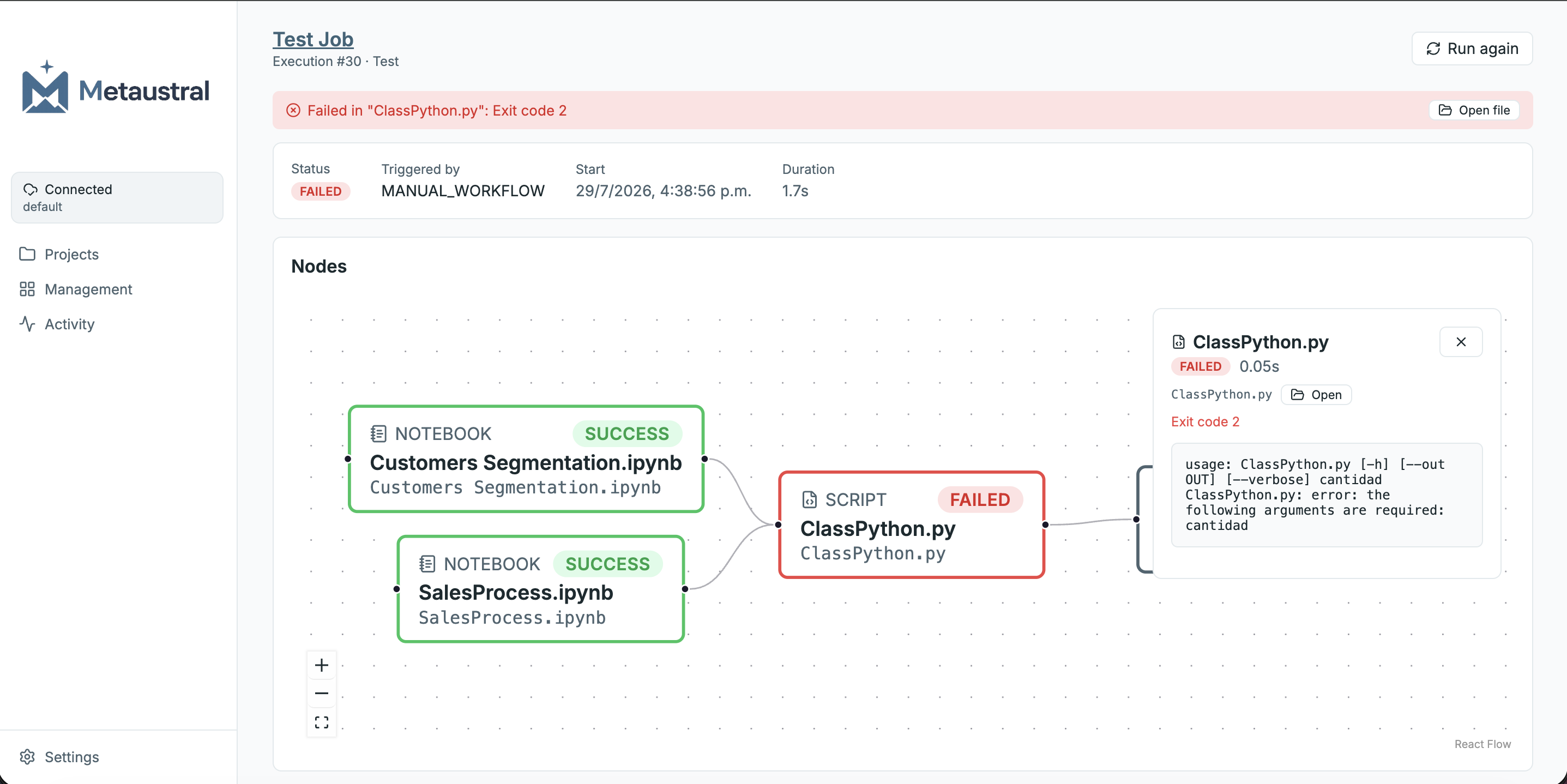 Metaustral Agent — Job execution detail with error