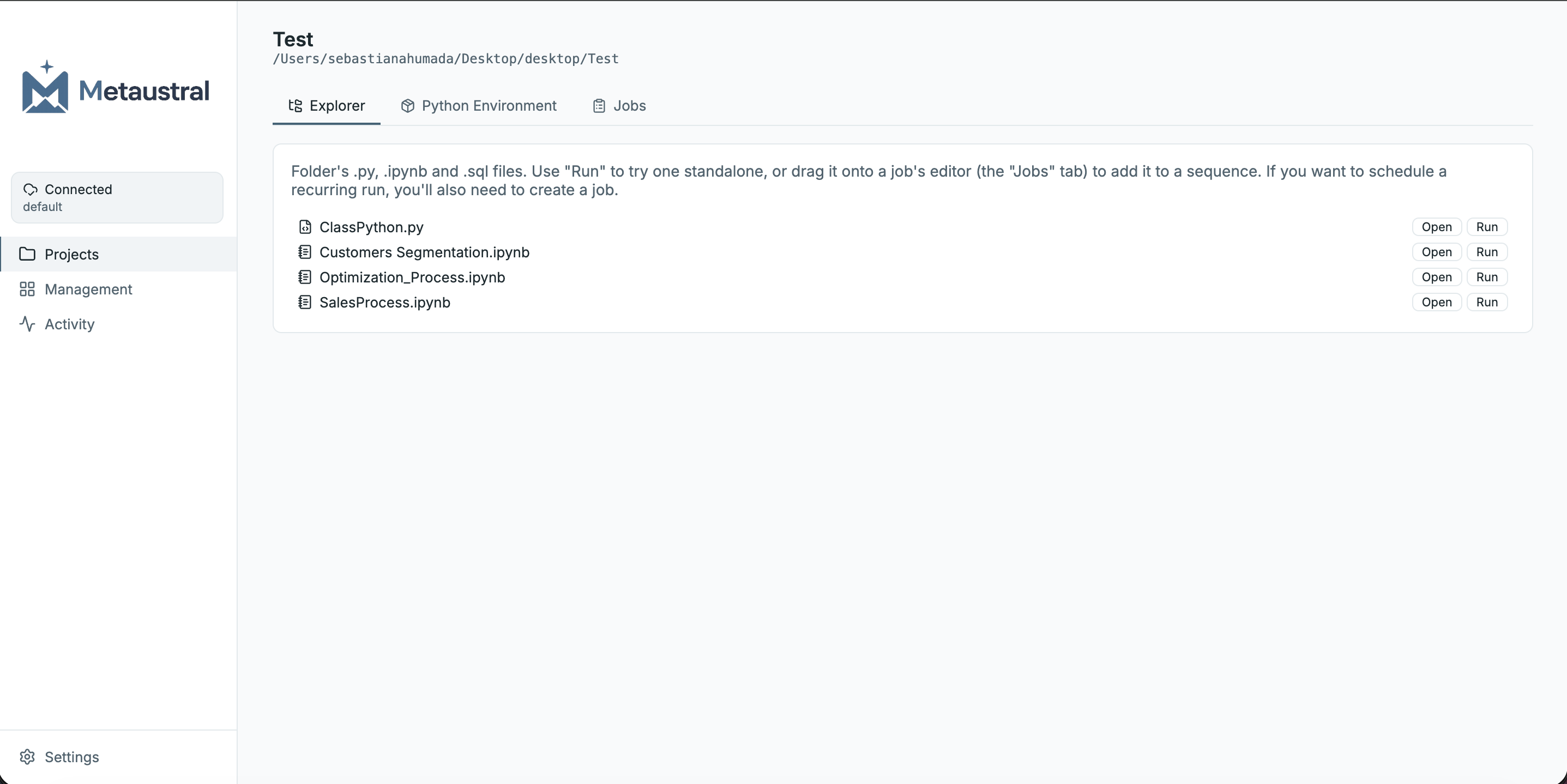 Metaustral Agent — Projects tab