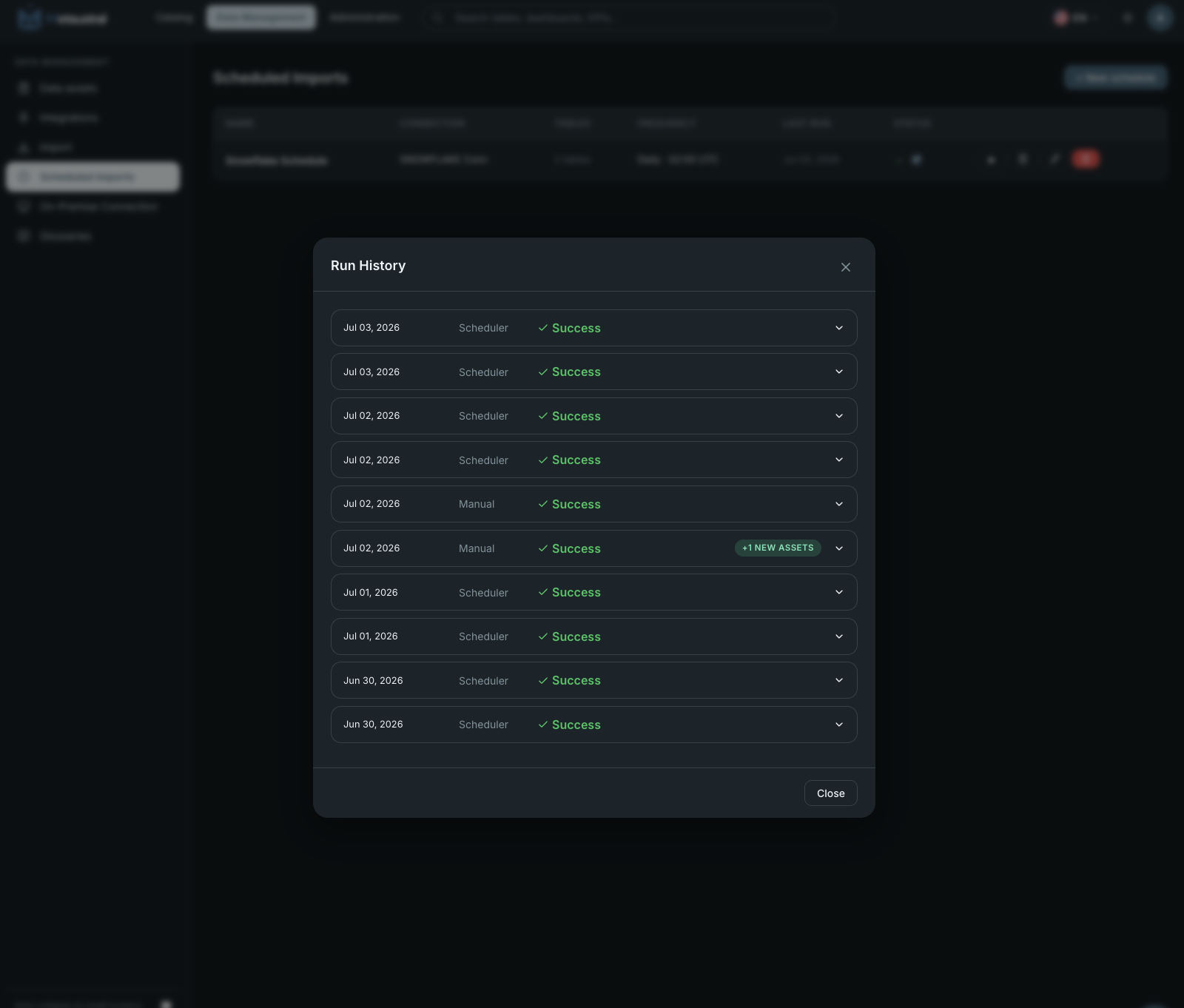 Scheduled Imports — run history
